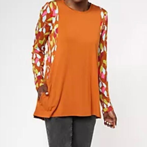 LOGO by Lori Goldstein Rayon Printed Top Plus Sz 1X Light Umber Tee Shirt - Picture 2 of 9